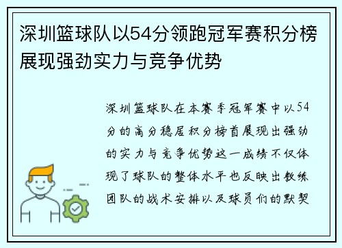 深圳篮球队以54分领跑冠军赛积分榜展现强劲实力与竞争优势